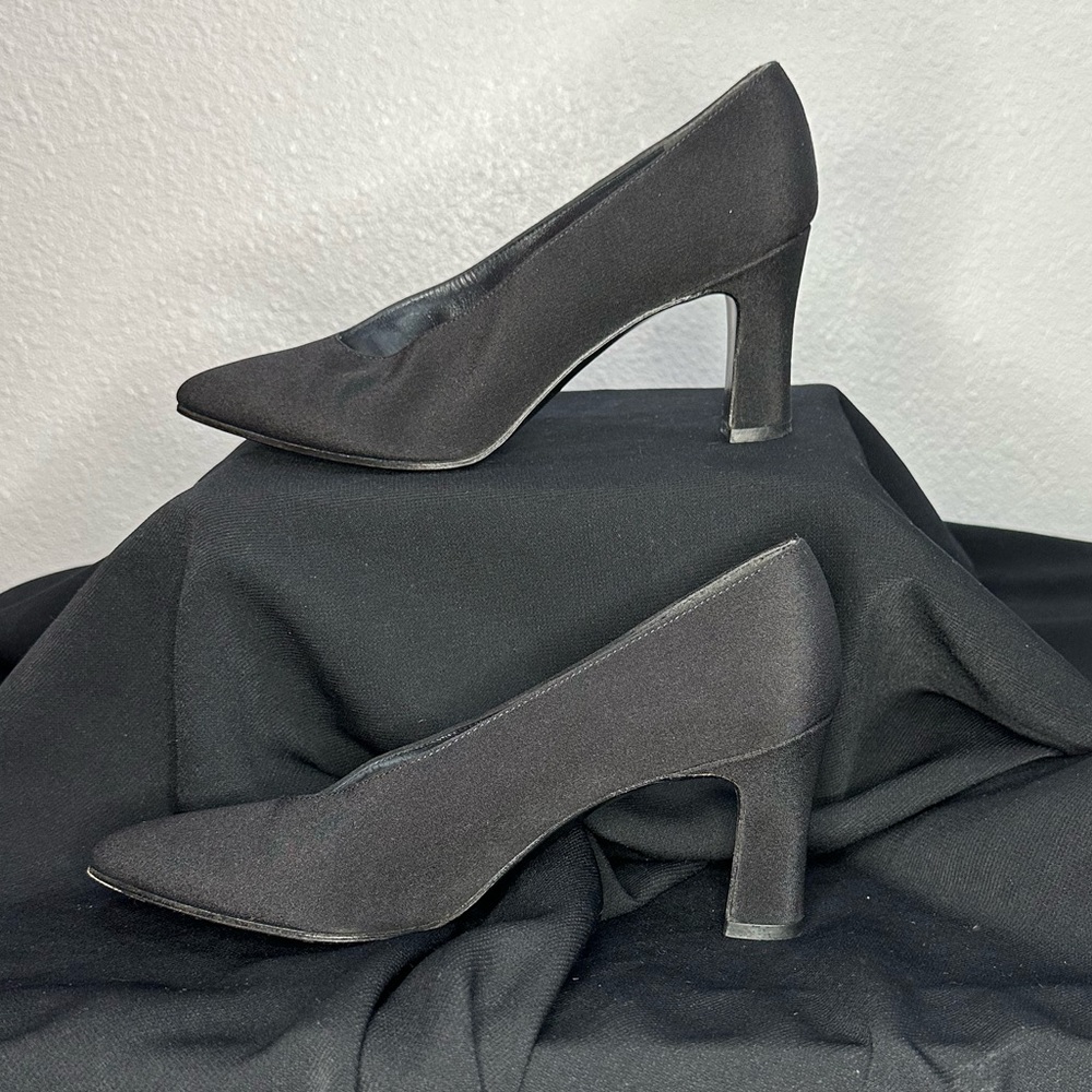 Stuart Weitzman black fabric square-toe block-heel pumps‎